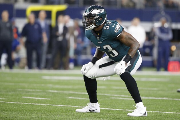 Philadelphia Eagles outside linebacker Nigel Bradham (53) defends against the Dallas Cowboys during an NFL football game, Sunday, Nov. 19, 2017, in Arlington, Texas. (AP Photo/Michael Ainsworth)