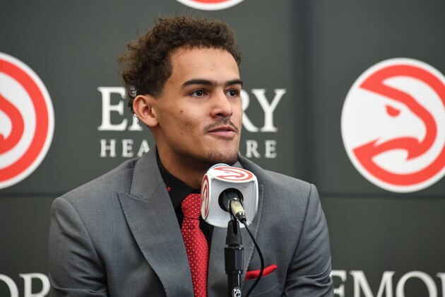 ATLANTA, GA - JUNE 25: Trae Young #11 of the Atlanta Hawks speaks to the media during an introductory press conference on June 25, 2018 at Emory Healthcare Courts in Atlanta, Georgia. NOTE TO USER: User expressly acknowledges and agrees that, by downloading and/or using this Photograph, user is consenting to the terms and conditions of the Getty Images License Agreement. Mandatory Copyright Notice: Copyright 2018 NBAE (Photo by Scott Cunningham/NBAE via Getty Images)