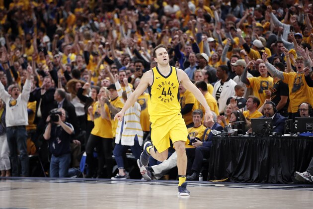 INDIANAPOLIS, IN - APRIL 20: Bojan Bogdanovic #44 of the Indiana Pacers reacts after making a three-pointer against the Cleveland Cavaliers during game three of the NBA Playoffs at Bankers Life Fieldhouse on April 20, 2018 in Indianapolis, Indiana. The Pacers won 92-90. NOTE TO USER: User expressly acknowledges and agrees that, by downloading and or using the photograph, User is consenting to the terms and conditions of the Getty Images License Agreement. (Photo by Joe Robbins/Getty Images) *** Local Caption *** Bojan Bogdanovic