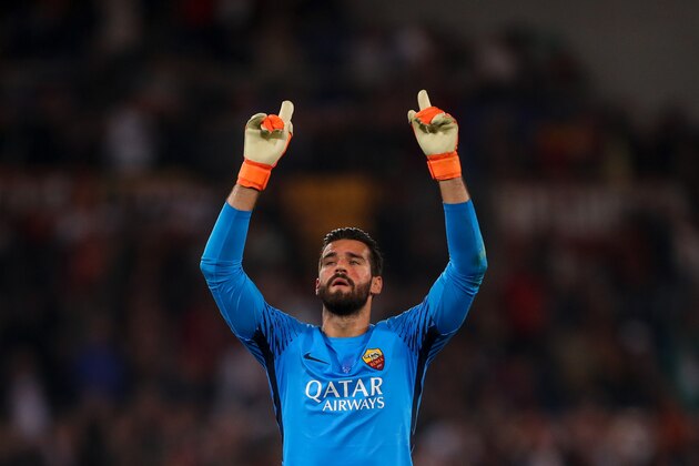 ROME, ITALY - MAY 02: Alisson Becker of AS Roma celebrates during the UEFA Champions League Semi Final Second Leg match between A.S. Roma and Liverpool at Stadio Olimpico on May 2, 2018 in Rome, Italy. (Photo by Robbie Jay Barratt - AMA/Getty Images)