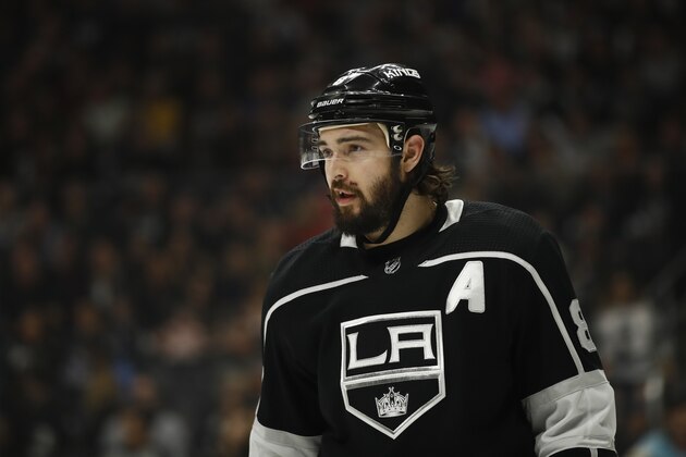 Los Angeles Kings' Drew Doughty looks on during the first period of an NHL hockey game against the Calgary Flames Monday, March 26, 2018, in Los Angeles. (AP Photo/Jae C. Hong)