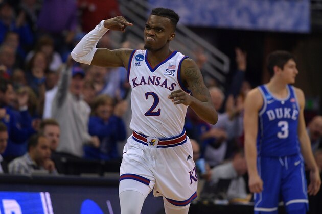 OMAHA, NE - MARCH 25: Lagerald Vick #2 of the Kansas Jayhawks reacts during their game against the Duke Blue Devils during the 2018 NCAA Men's Basketball Tournament Midwest Regional Final at CenturyLink Center on March 25, 2018 in Omaha, Nebraska. (Photo by Lance King/Getty Images) OMAHA, NE - MARCH 25: Lagerald Vick #2 of the Kansas Jayhawks reacts during their game against the Duke Blue Devils during the 2018 NCAA Men's Basketball Tournament Midwest Regional Final at CenturyLink Center on March 25, 2018 in Omaha, Nebraska. (Photo by Lance King/Getty Images)