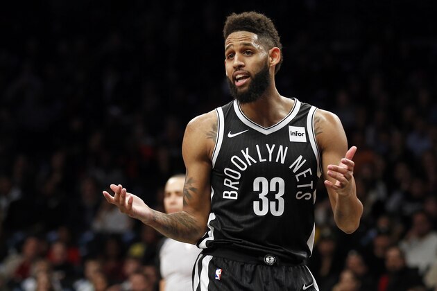 Brooklyn Nets' Allen Crabbe (33) reacts to a call during the second half of an NBA basketball game against the New Orleans Pelicans, Saturday, Feb. 10, 2018, in New York. The Pelicans won 138-128 in double overtime. (AP Photo/Adam Hunger)