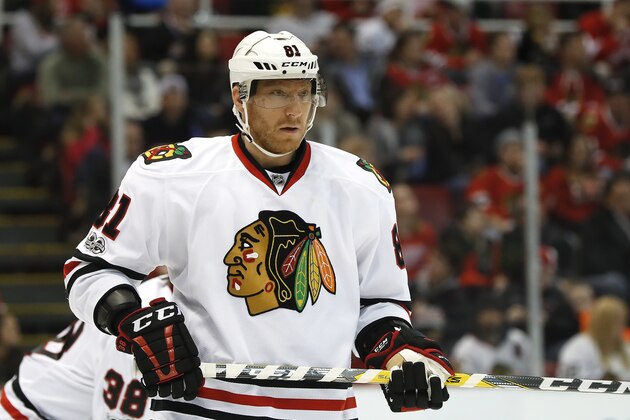 Chicago Blackhawks right wing Marian Hossa (81) plays against the Detroit Red Wings in the second period of an NHL hockey game Friday, March 10, 2017, in Detroit. (AP Photo/Paul Sancya)