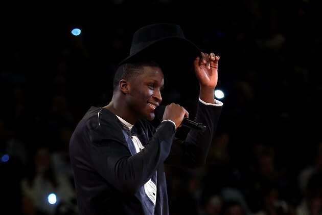 NEW YORK, NY - FEBRUARY 14:  Victor Oladipo #5 of the Orlando Magic competes sings during the Sprite Slam Dunk Contest as part of the 2015 NBA Allstar Weekend at Barclays Center on February 14, 2015 in the Brooklyn borough of New York City. NOTE TO USER: User expressly acknowledges and agrees that, by downloading and or using this photograph, User is consenting to the terms and conditions of the Getty Images License Agreement.  (Photo by Elsa/Getty Images)