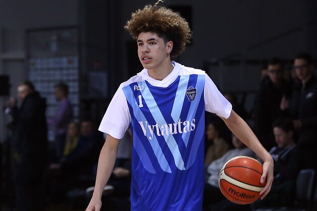 PRIENAI, LITHUANIA - JANUARY 09:  LaMelo Ball of Vytautas Prienai prior to the match between Vytautas Prienai and Zalgiris Kauno on January 9, 2018 in Prienai, Lithuania.  (Photo by Alius Koroliovas/Getty Images)