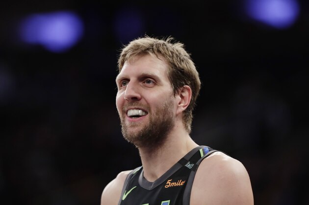 Dallas Mavericks' Dirk Nowitzki smiles during the second half of an NBA basketball game against the New York Knicks Tuesday, March 13, 2018, in New York. The Mavericks won 110-97. (AP Photo/Frank Franklin II)