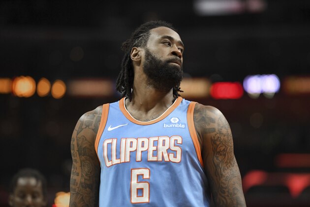 Los Angeles Clippers center DeAndre Jordan (6) looks on as the Portland Trail Blazers extend their lead during an NBA basketball game, Sunday, March 18, 2018, in Los Angeles. (AP Photo/Michael Owen Baker)