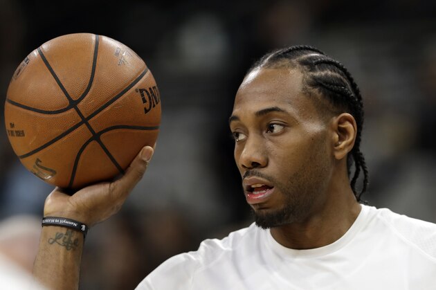San Antonio Spurs forward Kawhi Leonard before an NBA basketball game against the Phoenix Suns, Friday, Jan. 5, 2018, in San Antonio. (AP Photo/Eric Gay)