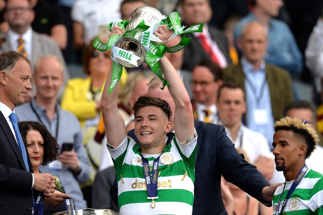 GLASGOW, SCOTLAND - MAY 19:  Kieran Tierney of Celtic holds the Scottish Cup Trophy following the Scottish Cup Final between Motherwell and Celtic at Hampden Park on May 19, 2018 in Glasgow, Scotland.  (Photo by Mark Runnacles/Getty Images)