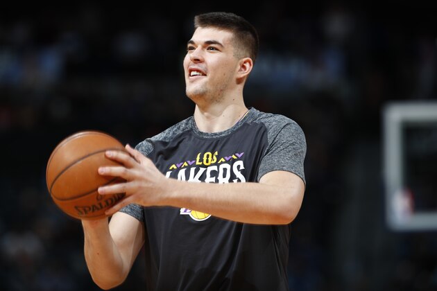 Los Angeles Lakers center Ivica Zubac (40) in the first half of an NBA basketball game Friday, March 9, 2018, in Denver. (AP Photo/David Zalubowski)
