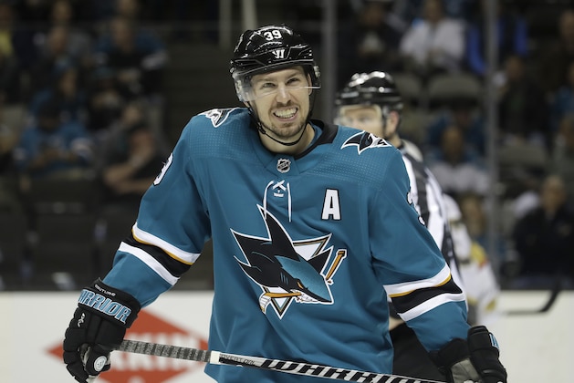San Jose Sharks center Logan Couture (39) against the Vegas Golden Knights during Game 3 of an NHL hockey second-round playoff series in San Jose, Calif., Monday, April 30, 2018. (AP Photo/Jeff Chiu)