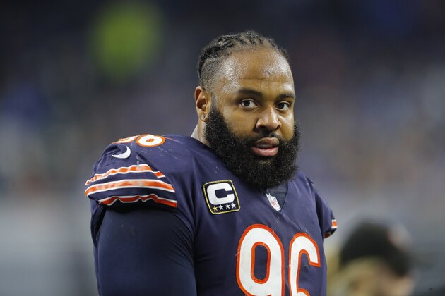 Chicago Bears defensive end Akiem Hicks (96) watches against the Detroit Lions during an NFL football game in Detroit, Saturday, Dec. 16, 2017. (AP Photo/Paul Sancya)