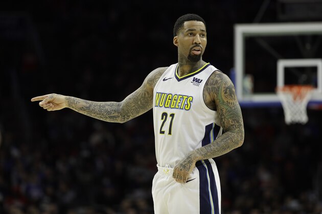 Denver Nuggets' Wilson Chandler in action during an NBA basketball game against the Philadelphia 76ers, Monday, March 26, 2018, in Philadelphia. (AP Photo/Matt Slocum)