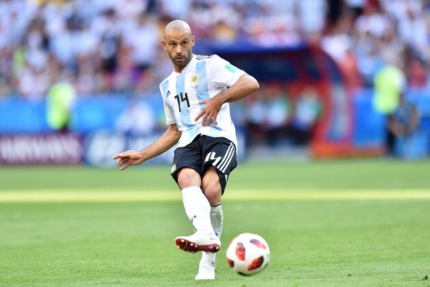 KAZAN, RUSSIA - JUNE 30: Javier Mascherano of Argentina in action during the 2018 FIFA World Cup Russia Round of 16 match between France and Argentina at Kazan Arena on June 30, 2018 in Kazan, Russia. (Photo by Lukasz Laskowski/PressFocus/MB Media/Getty Images)