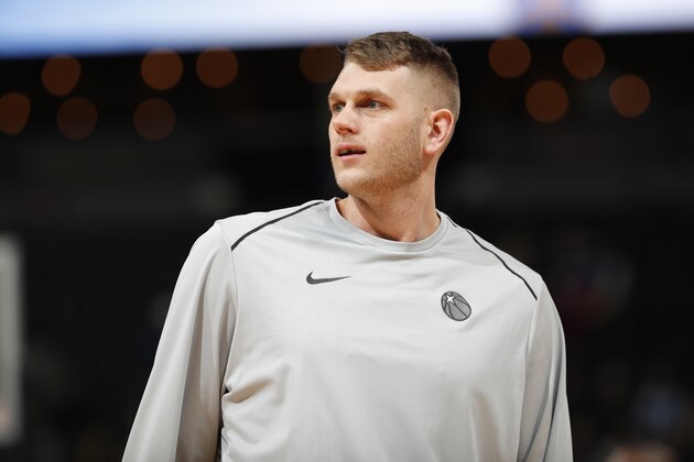 Minnesota Timberwolves center Cole Aldrich (45) in the first half of an NBA basketball game Thursday, April 5, 2018, in Denver. (AP Photo/David Zalubowski)