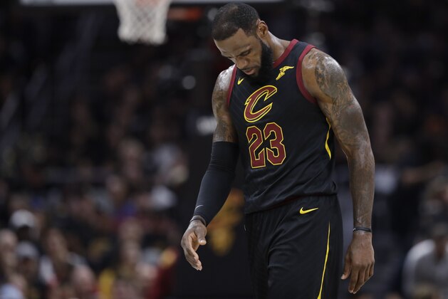 Cleveland Cavaliers' LeBron James walks to the bench during the first half of Game 4 of basketball's NBA Finals against the Golden State Warriors, Friday, June 8, 2018, in Cleveland. (AP Photo/Tony Dejak) Cleveland Cavaliers' LeBron James walks to the bench during the first half of Game 4 of basketball's NBA Finals against the Golden State Warriors, Friday, June 8, 2018, in Cleveland. (AP Photo/Tony Dejak)