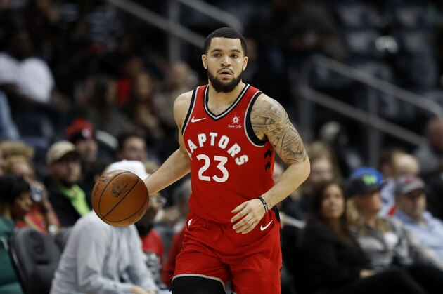 Toronto Raptors' Fred VanVleet dribbles the ball in the fourth quarter of an NBA basketball game against the Atlanta Hawks in Atlanta, Wednesday, Jan. 24, 2018. Toronto won 108-93. (AP Photo/David Goldman)