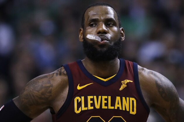 Cleveland Cavalier's LeBron James waits for officials during Game 2 of the Eastern Conference basketball finals in Boston, Tuesday, May 15, 2018. (AP Photo/Charles Krupa)