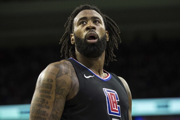 Los Angeles Clippers' DeAndre Jordan looks on during the second half of an NBA basketball game against the Philadelphia 76ers, Saturday, Feb. 10, 2018, in Philadelphia. The 76ers won 112-98. (AP Photo/Chris Szagola)