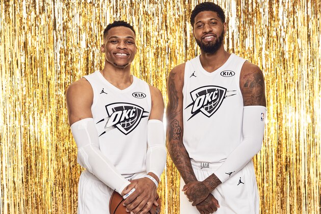LOS ANGELES, CA - FEBRUARY 17:  Russell Westbrook #0 and Paul George #13 of the Oklahoma City Thunder pose for a portrait during All-Star Saturday Night as part of 2018 NBA All-Star Weekend on February 17, 2018 at the Staples Center in Los Angeles, California. NOTE TO USER: User expressly acknowledges and agrees that, by downloading and/or using this photograph, user is consenting to the terms and conditions of the Getty Images License Agreement. Mandatory Copyright Notice: Copyright 2018 NBAE (Photo by Jennifer Pottheiser/NBAE via Getty Images)