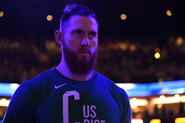 BOSTON, MA - MAY 27: Aron Baynes #46 of the Boston Celtics stands for the national anthem before Game Seven of the Eastern Conference Finals of the 2018 NBA Playoffs between the Cleveland Cavaliers and Boston Celtics on May 27, 2018 at the TD Garden in Boston, Massachusetts.  NOTE TO USER: User expressly acknowledges and agrees that, by downloading and or using this photograph, User is consenting to the terms and conditions of the Getty Images License Agreement. Mandatory Copyright Notice: Copyright 2018 NBAE  (Photo by Brian Babineau/NBAE via Getty Images)