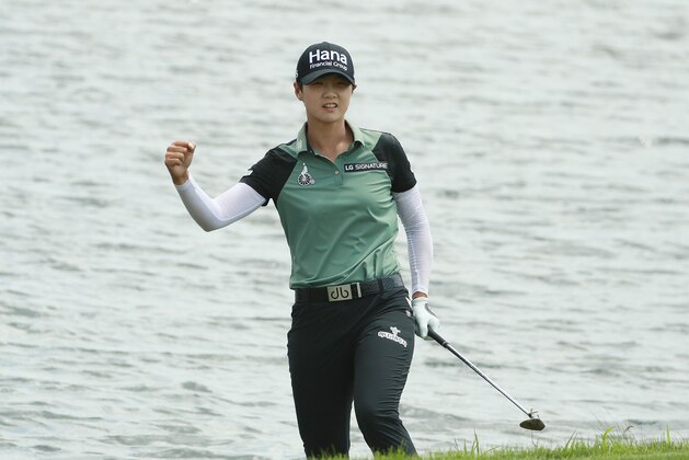 KILDEER, IL - JULY 01:  Sung Hyun Park of South Korea celebrates a shot from the water's edge on the 16th hole during the final round of the KPMG Women's PGA Championship at Kemper Lakes Golf Club on July 1, 2018 in Kildeer, Illinois.  (Photo by Scott Halleran/Getty Images for KPMG)