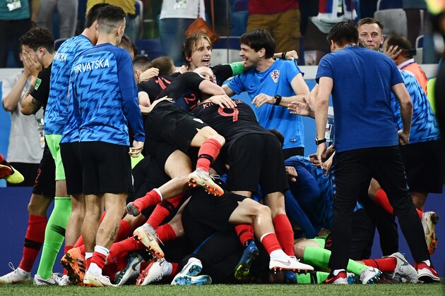 Croatia's players celebrate after the penalty shootout during the Russia 2018 World Cup round of 16 football match between Croatia and Denmark at the Nizhny Novgorod Stadium in Nizhny Novgorod on July 1, 2018. (Photo by Jewel SAMAD / AFP) / RESTRICTED TO EDITORIAL USE - NO MOBILE PUSH ALERTS/DOWNLOADS        (Photo credit should read JEWEL SAMAD/AFP/Getty Images)