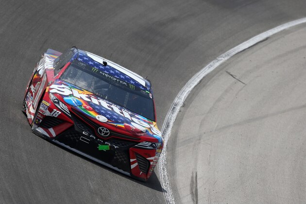 JOLIET, IL - JULY 01:  Kyle Busch, driver of the #18 Skittles Red White & Blue Toyota, races during the Monster Energy NASCAR Cup Series Overton's 400 at Chicagoland Speedway on July 1, 2018 in Joliet, Illinois.  (Photo by Matt Sullivan/Getty Images)