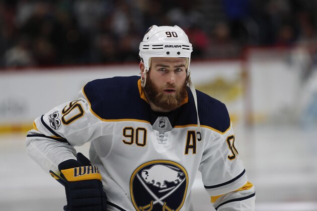 Buffalo Sabres center Ryan O'Reilly (90) in the third period of an NHL hockey game Tuesday, Dec. 5, 2017, in Denver. Buffalo won 4-2. (AP Photo/David Zalubowski)
