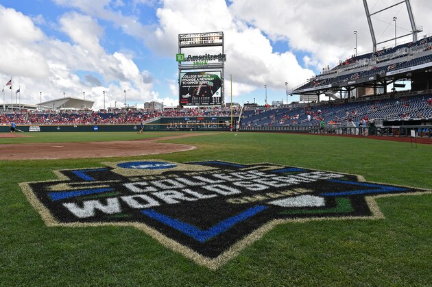 Omaha, NE - JUNE 25:  A general view of TD Ameritrade Park as the grounds crew gets the field ready for game one of the College World Series Championship Series between the Arkansas Razorbacks and the Oregon State Beavers on June 25, 2018 at in Omaha, Nebraska.  (Photo by Peter Aiken/Getty Images)
