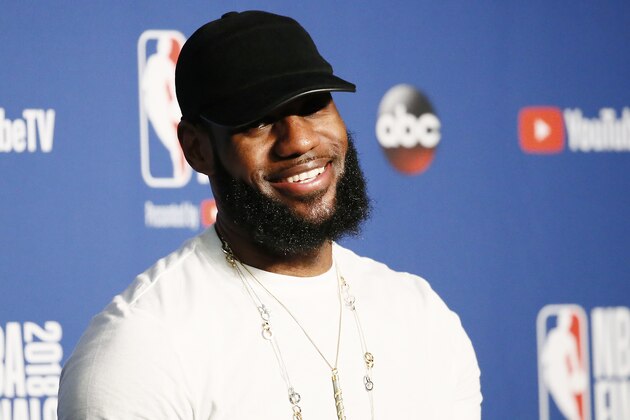 CLEVELAND, CA - JUN 8:  LeBron James #23 of the Cleveland Cavaliers talks to the media after being defeated by the Golden State Warriors in Game Four of the 2018 NBA Finals won 108-85 by the Golden State Warriors over the Cleveland Cavaliers at the Quicken Loans Arena on June 6, 2018 in Cleveland, Ohio. NOTE TO USER: User expressly acknowledges and agrees that, by downloading and or using this photograph, User is consenting to the terms and conditions of the Getty Images License Agreement. Mandatory Copyright Notice: Copyright 2018 NBAE (Photo by Chris Elise/NBAE via Getty Images)