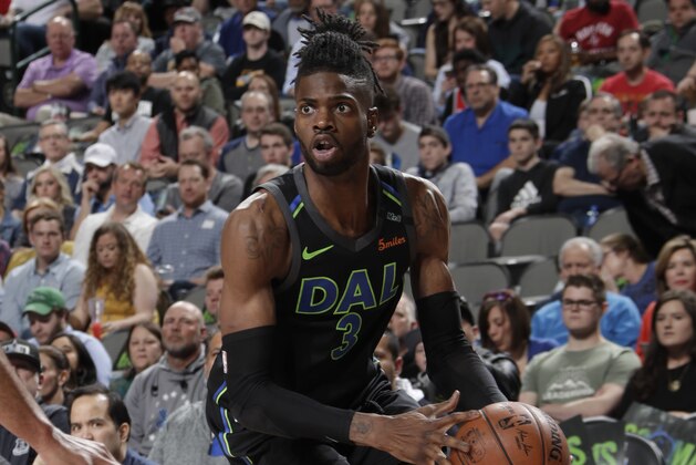 DALLAS, TX - MARCH 11:  Nerlens Noel #3 of the Dallas Mavericks handles the ball during the game against the Houston Rockets on March 11, 2018 at the American Airlines Center in Dallas, Texas. NOTE TO USER: User expressly acknowledges and agrees that, by downloading and or using this photograph, User is consenting to the terms and conditions of the Getty Images License Agreement. Mandatory Copyright Notice: Copyright 2018 NBAE (Photo by Glenn James/NBAE via Getty Images)