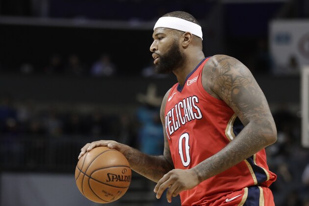 New Orleans Pelicans' DeMarcus Cousins (0) drives against the Charlotte Hornets during the second half of an NBA basketball game in Charlotte, N.C., Wednesday, Jan. 24, 2018. (AP Photo/Chuck Burton)