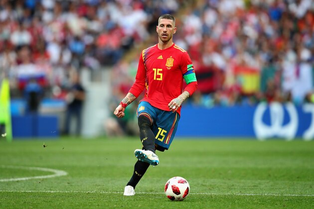 MOSCOW, RUSSIA - JULY 01:  Sergio Ramos of Spain in action during the 2018 FIFA World Cup Russia Round of 16 match between Spain and Russia at Luzhniki Stadium on July 1, 2018 in Moscow, Russia.  (Photo by Chris Brunskill/Fantasista/Getty Images)