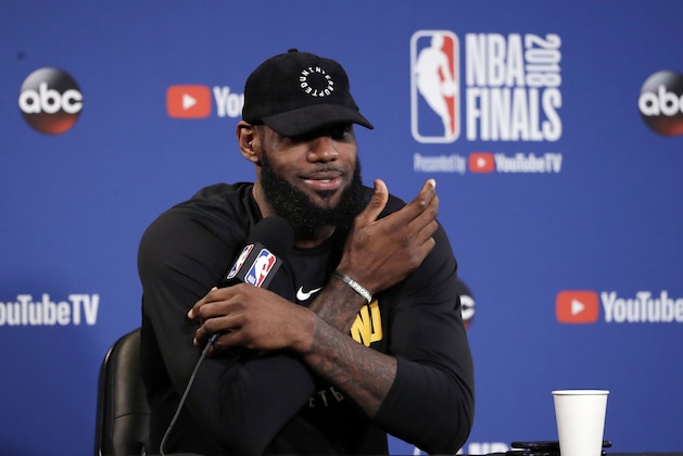 Cleveland Cavaliers' LeBron James fields questions before an NBA basketball practice, Wednesday, May 30, 2018, in Oakland, Calif. The Cavaliers face the Golden State Warriors in Game 1 of the NBA Finals on Thursday in Oakland. (AP Photo/Marcio Jose Sanchez)