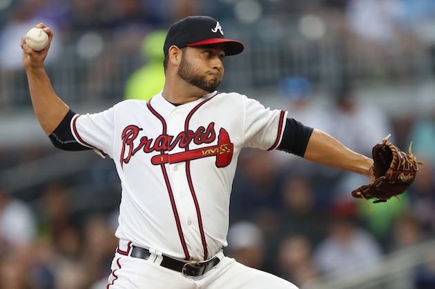 Atlanta Braves starting pitcher Anibal Sanchez (19) works against the New York Mets in the first inning of a baseball game Tuesday, May 29, 2018, in Atlanta. (AP Photo/John Bazemore)
