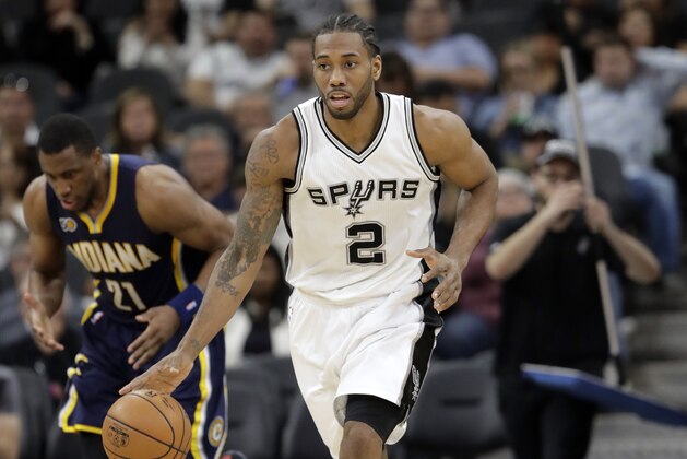San Antonio Spurs forward Kawhi Leonard (2) during the second half of an NBA basketball game against the Indiana Pacers, Wednesday, March 1, 2017, in San Antonio. San Antonio Spurs won 100-99. (AP Photo/Eric Gay)