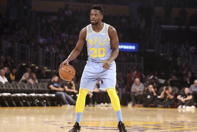 Los Angeles Lakers forward Julius Randle (30) during the first quarter of an NBA basketball game in Los Angeles Wednesday, April 4, 2018. The Lakers won in overtime 122-112. (AP Photo/Reed Saxon)