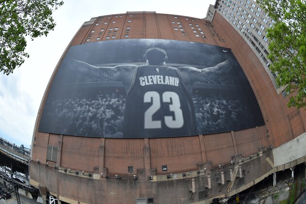 CLEVELAND,OH - MAY 4 :  Here is a billboard of Lebron James #23 of the Cleveland Cavaliers prior to the game against the Atlanta Hawks during the Eastern Conference Semifinals Game One on May 4, 2016 at The Quicken Loans Arena in Cleveland, Ohio. NOTE TO USER: User expressly acknowledges and agrees that, by downloading and/or using this Photograph, user is consenting to the terms and conditions of the Getty Images License Agreement. Mandatory Copyright Notice: Copyright 2016 NBAE (Photo by Jesse D. Garrabrant/NBAE via Getty Images)