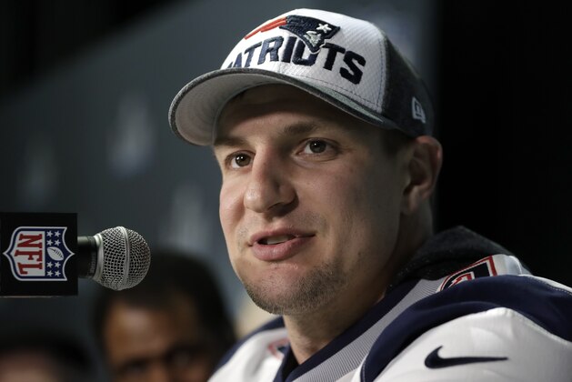 New England Patriots tight end Rob Gronkowski answers questions during a news conference Thursday, Feb. 1, 2018, in Minneapolis. The Patriots are scheduled to face the Philadelphia Eagles in the NFL Super Bowl 52 football game Sunday, Feb. 4. (AP Photo/Mark Humphrey)