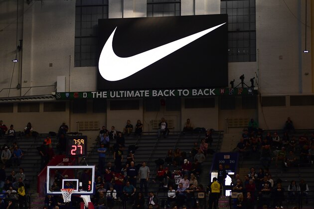 PHILADELPHIA, PA - MARCH 10: A Nike logo is shown on a jumbo video screen during the second half of a semifinal round matchup in the Ivy League Men's Basketball Tournament at The Palestra on March 10, 2018 in Philadelphia, Pennsylvania. Penn defeated Yale 80-57. (Photo by Corey Perrine/Getty Images)