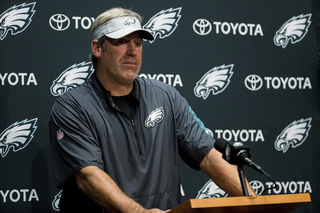 Philadelphia Eagles head coach Doug Pederson takes questions from the media prior to practice at the NFL football team's training camp, Wednesday, June 13, 2018, in Philadelphia. (AP Photo/Chris Szagola)