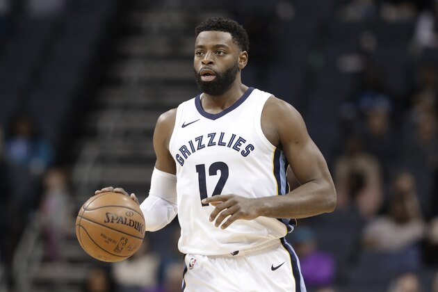 Memphis Grizzlies' Tyreke Evans (12) brings the ball up the court against the Charlotte Hornets during the second half of an NBA basketball game in Charlotte, N.C., Thursday, March 22, 2018. (AP Photo/Chuck Burton)
