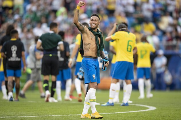 SAMARA, RUSSIA - JULY 02:  Neymar Jr of Brazil celebrates victory following the 2018 FIFA World Cup Russia Round of 16 match between Brazil and Mexico at Samara Arena on July 2, 2018 in Samara, Russia.  (Photo by Fred Lee/Getty Images)