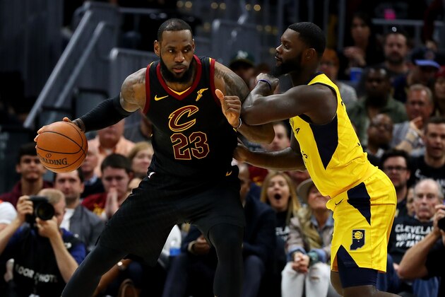 CLEVELAND, OH - APRIL 29: LeBron James #23 of the Cleveland Cavaliers tries to get around Lance Stephenson #1 of the Indiana Pacers during the first half in Game Seven of the Eastern Conference Quarterfinals during the 2018 NBA Playoffs at Quicken Loans Arena on April 29, 2018 in Cleveland, Ohio. NOTE TO USER: User expressly acknowledges and agrees that, by downloading and or using this photograph, User is consenting to the terms and conditions of the Getty Images License Agreement. (Photo by Gregory Shamus/Getty Images)