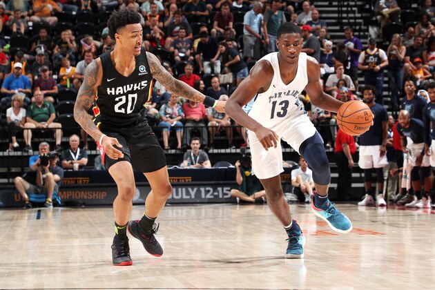 SALT LAKE CITY - JULY 2:   Jaren Jackson Jr. #13 of the handles the ball against Jason Collins #20 of the Atlanta Hawks during the 2018 Summer League at the Vivint Smart Home Arena on July 2, 2018 in Salt Lake CIty, Utah. NOTE TO USER: User expressly acknowledges and agrees that, by downloading and or using this photograph, User is consenting to the terms and conditions of the Getty Images License Agreement. Mandatory Copyright Notice: Copyright 2018 NBAE (Photo by Joe Murphy/NBAE via Getty Images)