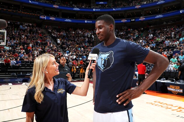 SALT LAKE CITY - JULY 2:  Jaren Jackson Jr. #13 of the Memphis Grizzlies speaks with the media after the game against the Altanta Hawks  during the 2018 Summer League at the Vivint Smart Home Arena on July 2, 2018 in Salt Lake CIty, Utah. NOTE TO USER: User expressly acknowledges and agrees that, by downloading and or using this photograph, User is consenting to the terms and conditions of the Getty Images License Agreement. Mandatory Copyright Notice: Copyright 2018 NBAE (Photo by Joe Murphy/NBAE via Getty Images)