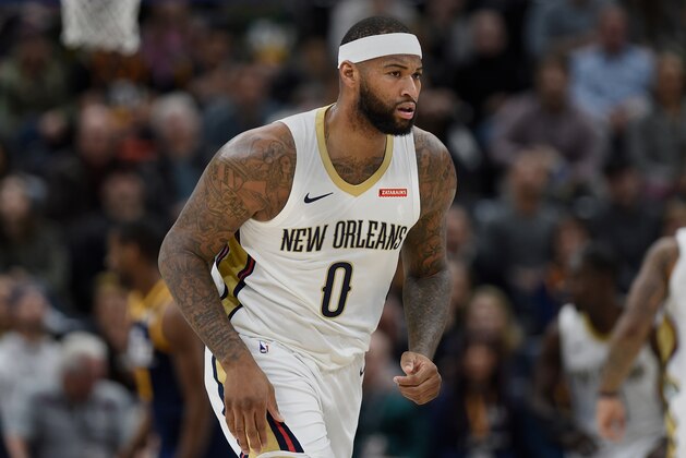 SALT LAKE CITY, UT - JANUARY 03: DeMarcus Cousins #0 of the New Orleans Pelicans runs up the court during their game against the Utah Jazz at Vivint Smart Home Arena on January 3, 2018 in Salt Lake City, Utah. NOTE TO USER: User expressly acknowledges and agrees that, by downloading and or using this photograph, User is consenting to the terms and conditions of the Getty Images License Agreement. (Photo by Gene Sweeney Jr./Getty Images)