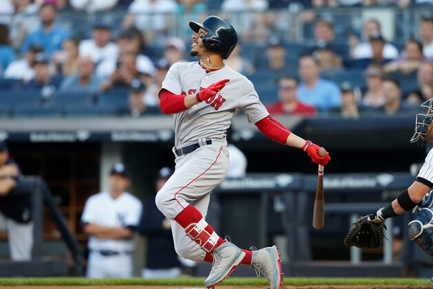 NEW YORK, NY - JUNE 30:  Mookie Betts #50 of the Boston Red Sox in action against the New York Yankees at Yankee Stadium on June 30, 2018 in the Bronx borough of New York City. The Red Sox defeated the Yankees 11-0.  (Photo by Jim McIsaac/Getty Images)